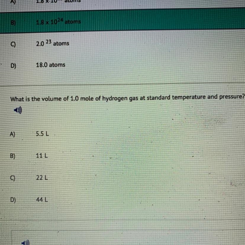 (NEED HELP HURRY) What is the volume of 1.0 mole of hydrogen gas at standard temperature-example-1