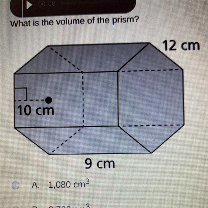 What is the volume of the prism? A. 1,080 cm B. 2,700 cm C. 3,240 cm D. 6,480 cm-example-1