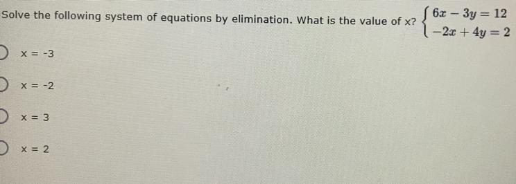 Solve the following system of equations by elimination. What is the value of x?-example-1