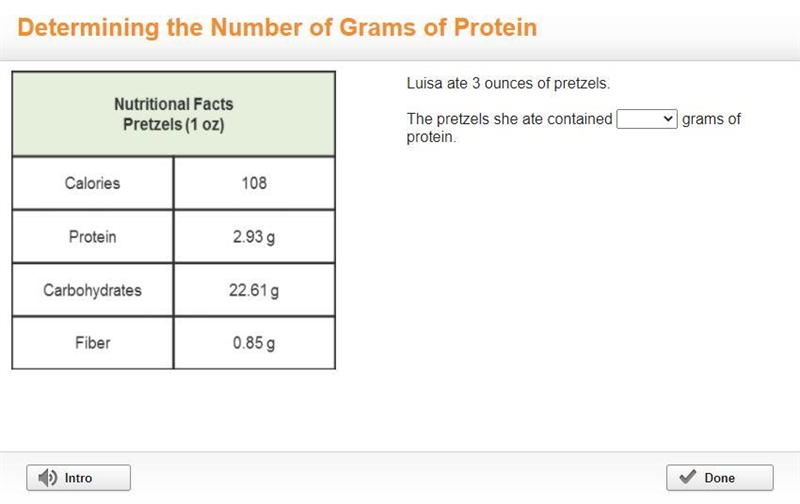 Luisa ate 3 ounces of pretzels. The pretzels she ate contained grams of protein.-example-1