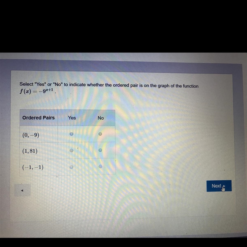 Select yes or no to indicate wheaten or not the ordered pair is on the graph of the-example-1