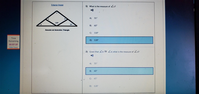 What is the measure of angle c A)35 B)60 C)110 D)120-example-1