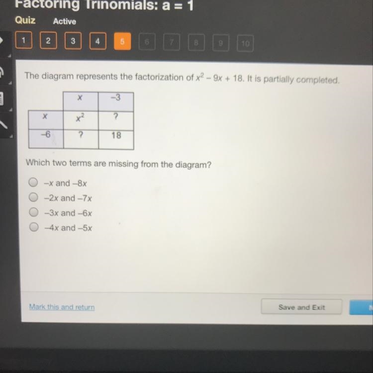 The diagram represents the factorization of x2 - 9x + 18. It is partially completed-example-1