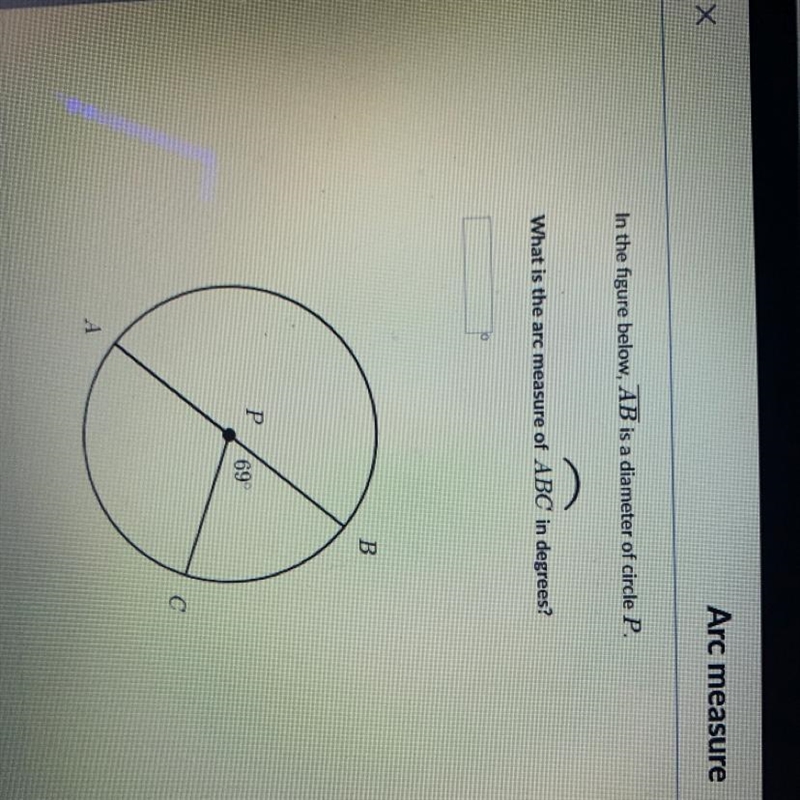 What is the arc measure of ABC in degrees?-example-1