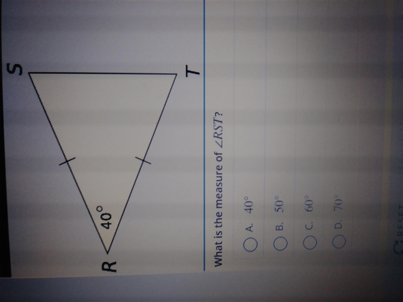 What is the measurement of RST A: 40° B: 50° C: 60° D: 70°-example-1