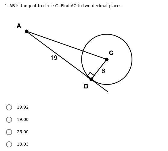 // * PLEASE ANSWER * // AB is tangent to circle C. Find AC to two decimal places.-example-1