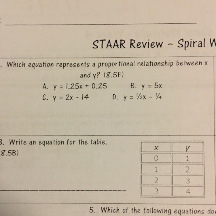 Which equation represents a proportional relationship between x and y-example-1