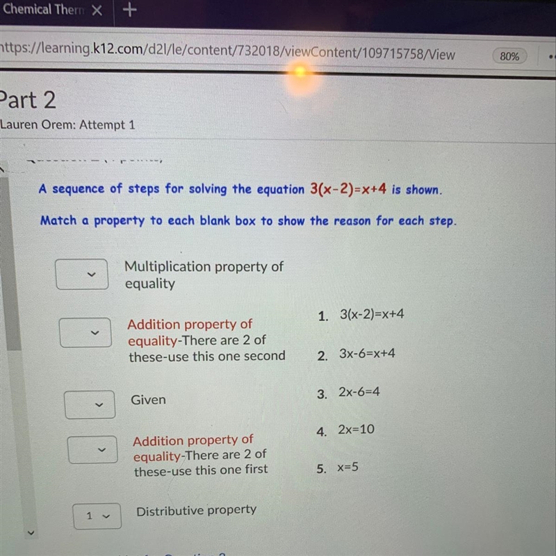 A sequence of steps for solving the equation 3(x-2)=x+4-example-1