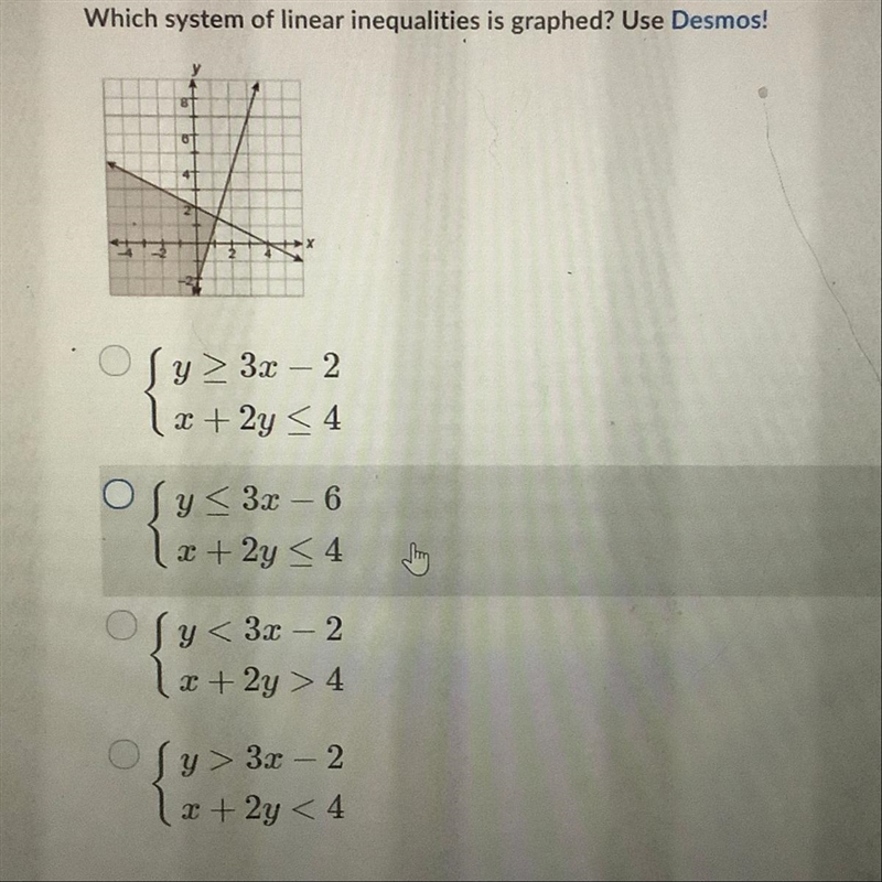 Which system of linear inequalities is graphed?-example-1