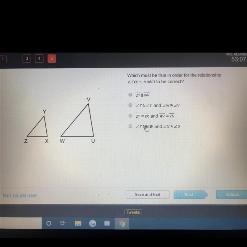 which must be true in order for the relationship triangle ZYX to be congruent to triangle-example-1