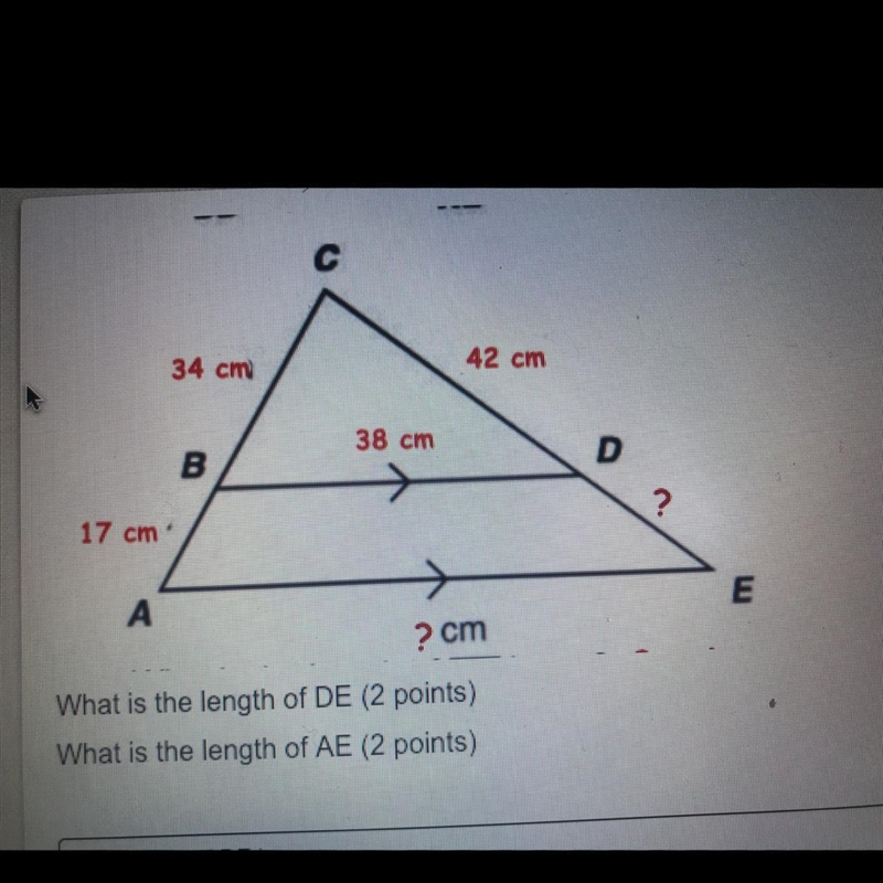 What is the length of DE (2 points) What is the length of AE (2 points)-example-1