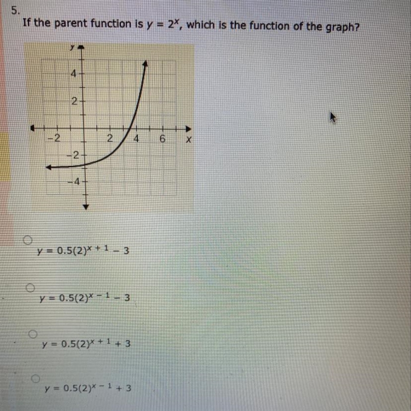 If the parent function is y=2x, which is the function of the graph? a. y = 0.5(2)^x-example-1