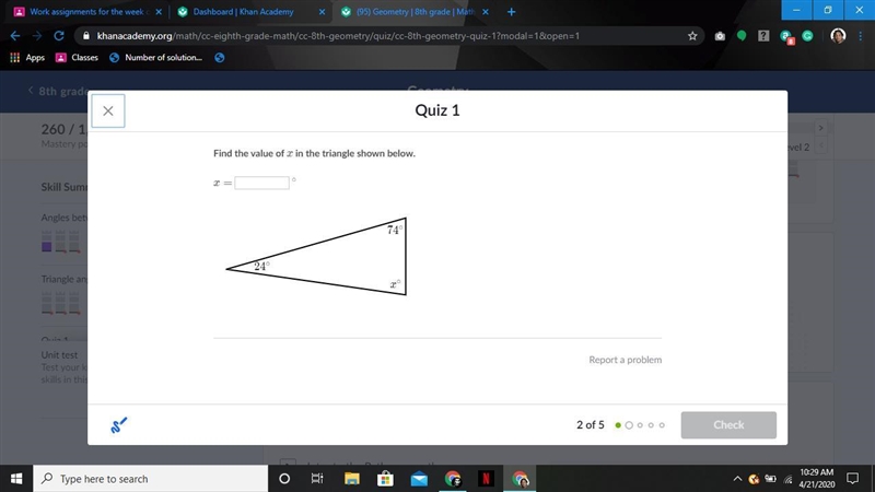 Find the value of x in the triangle shown below.-example-1