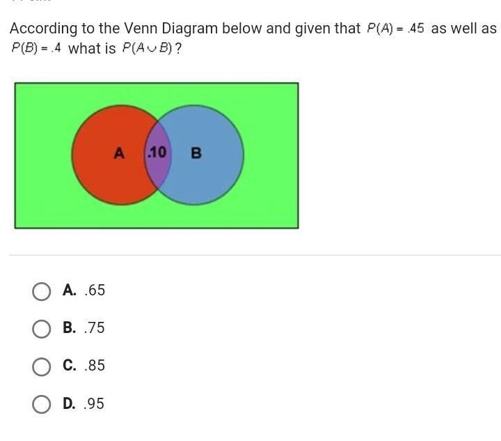 According to the Venn Diagram below and given that P(A) = .45 as well as P(B) = 4 what-example-1