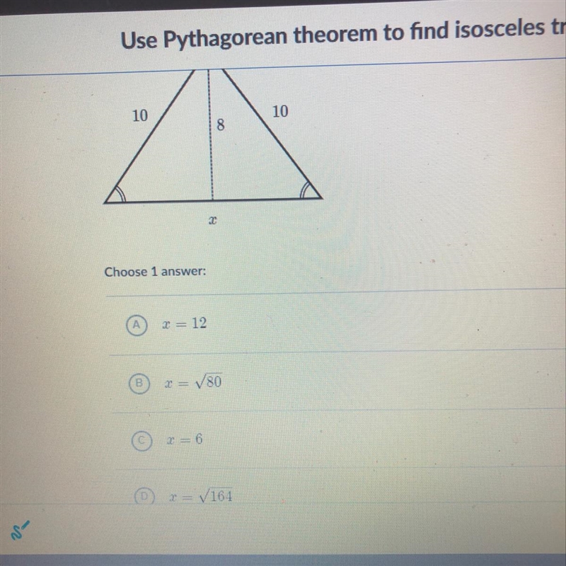 Find the value of x in the isosceles triangle shown below.-example-1