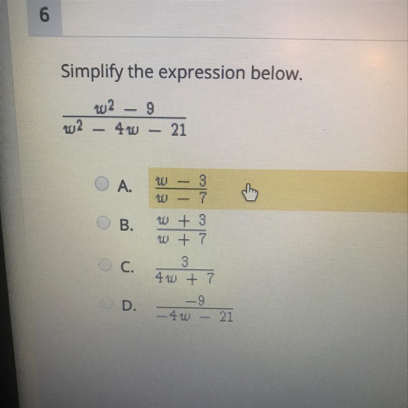 Simplify the expression below. 9 2. 4 X 21 A. ੬੬ ੬ ੬ --Co B. C. 3 4 + 7 -9 D. 40 21-example-1