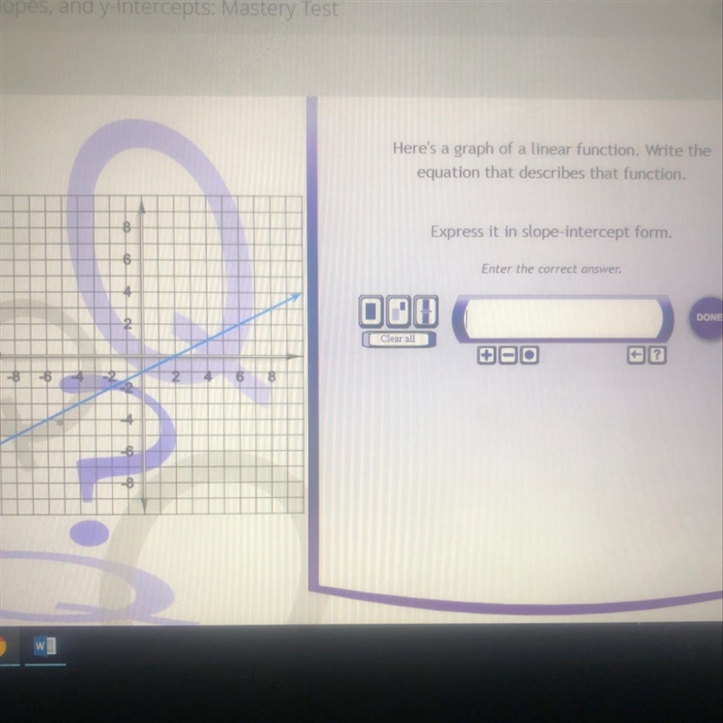 Here's a graph of a linear function. Write the equation that describes that function-example-1