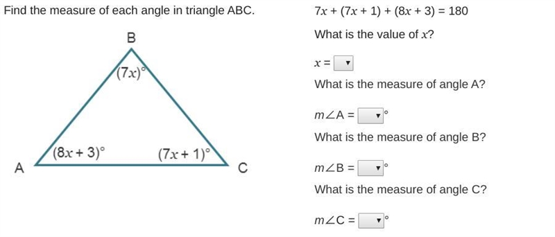 I REALLY NEED HELP! Find the measure of each angle in triangle ABC. 7x + (7x + 1) + (8x-example-1