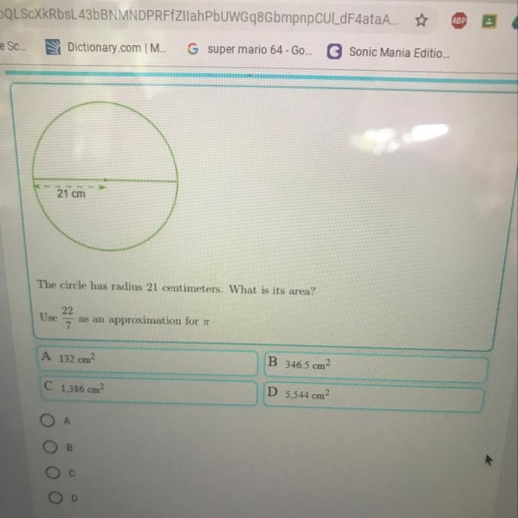 The circle has radius 21 centimeters. What is its area? 22 Use as an approximation-example-1