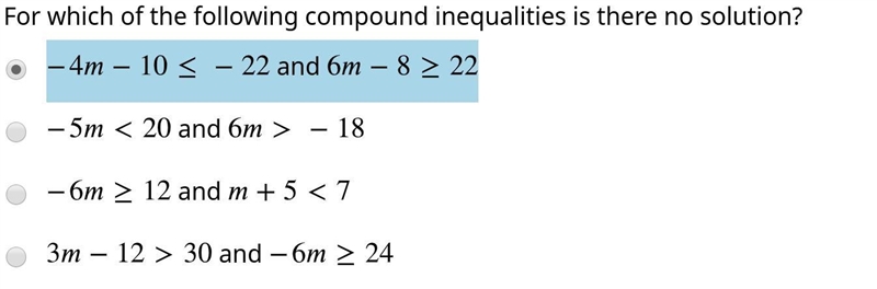 For which of the following compound inequalities is there no solution?-example-1