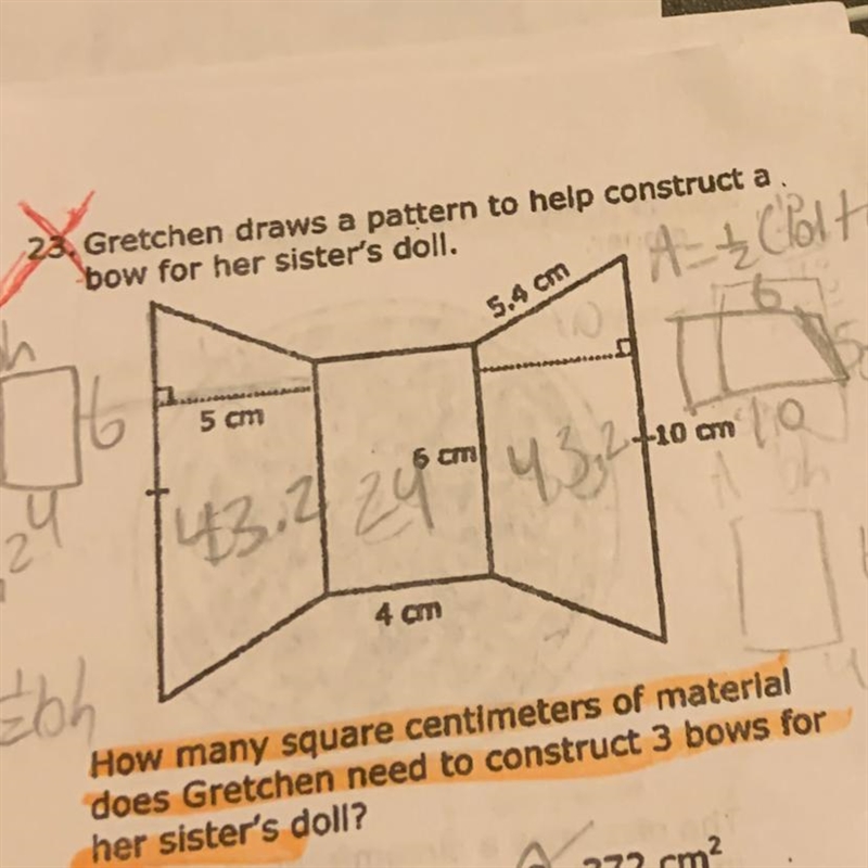 How many square centimeters of material does Gretchen need to construct 3 bows for-example-1