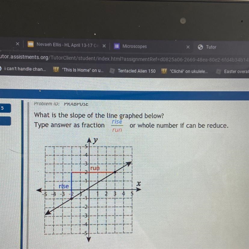 What is the slope if the line graphed below? Type answer as fraction. Rise divided-example-1