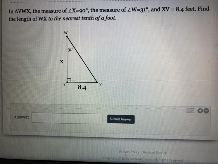 Using soh cah toa find length of WX and round to the nearest tenth of a foot?-example-1