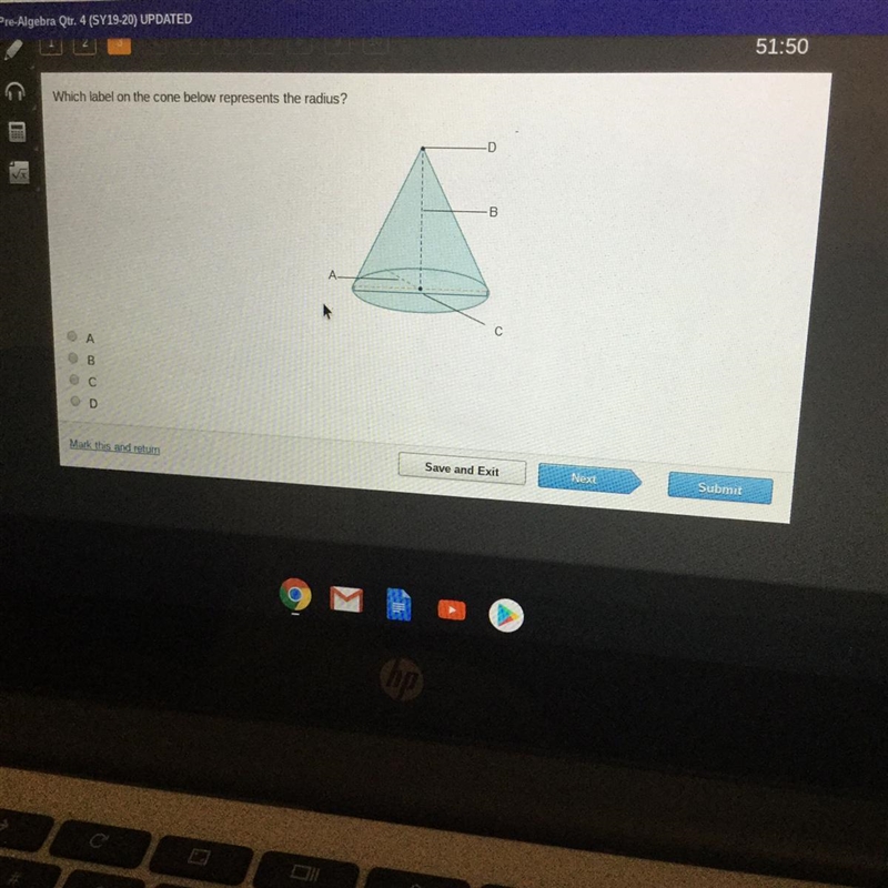 Which label on the cone below represents the radius-example-1