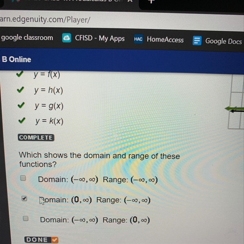 Which shows the domain range of these function? -domain: (-infinity, infinity) Range-example-1