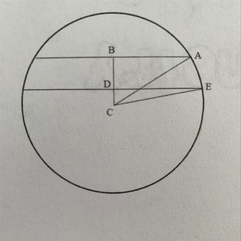 The two parallel chords in circle C have lengths of 8 and 12. The distance (BD) between-example-1