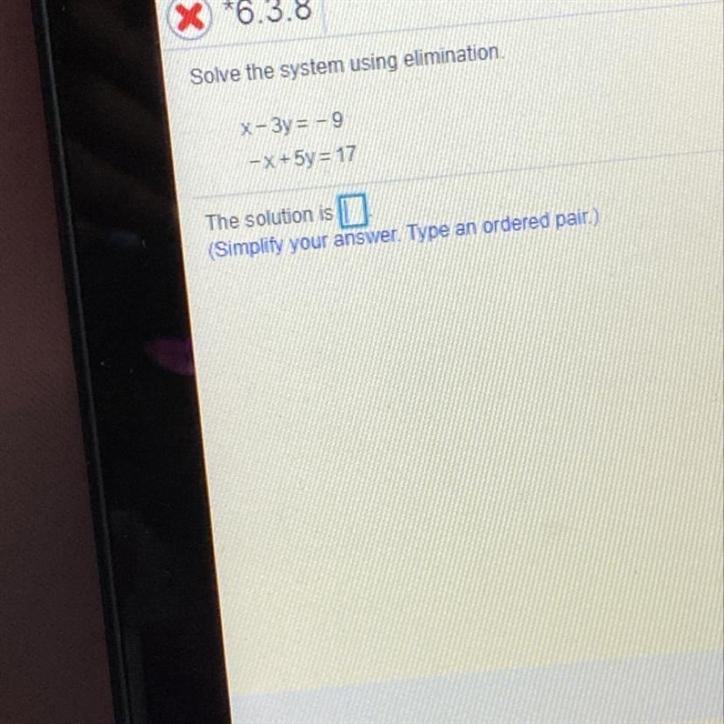 . Solve the system using elimination. x-3y = -9 - x + 5y = 17 PRESENTER THE The solution-example-1