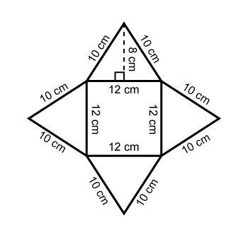 Use the net to determine the total surface area. The net of a square pyramid has base-example-1