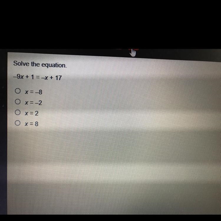 Solve the solution. -9x+1=x+17-example-1