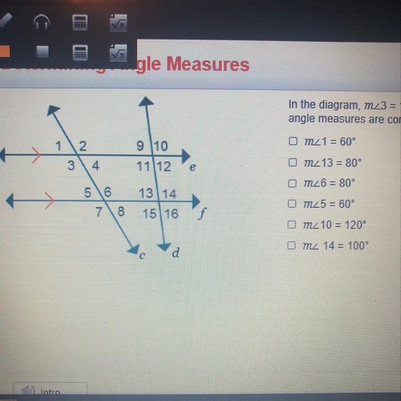 In the diagram, measure angle 3 = 120° and measure angle 12 = 80°. Which angle measures-example-1