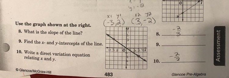 Use the graph shown at the right. 8. What is the slope of the line? 8. 9. Find the-example-1