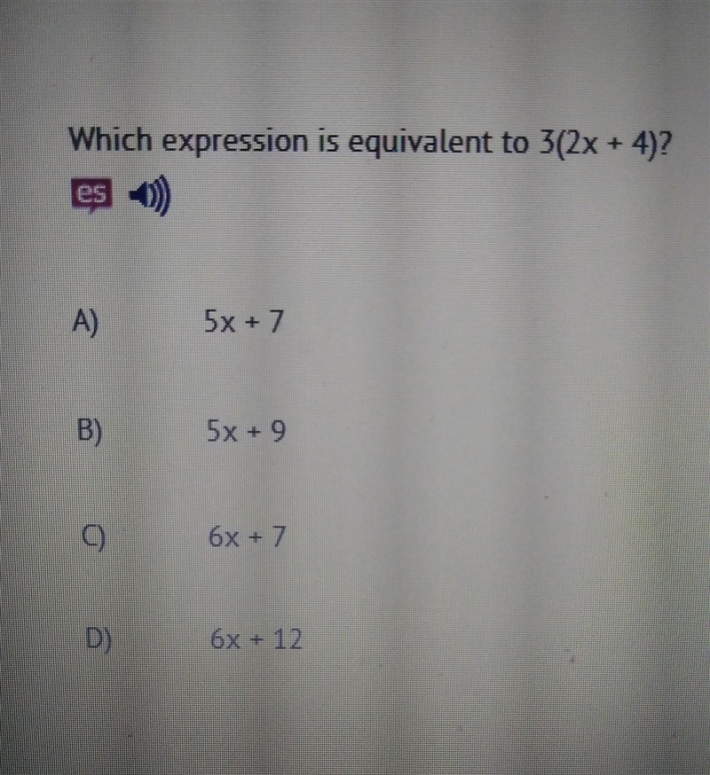 Which expression is equivalent to 3(2x + 4)?​-example-1