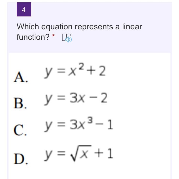 Which equation represents a linear function? Please Answer(15 pts)-example-1