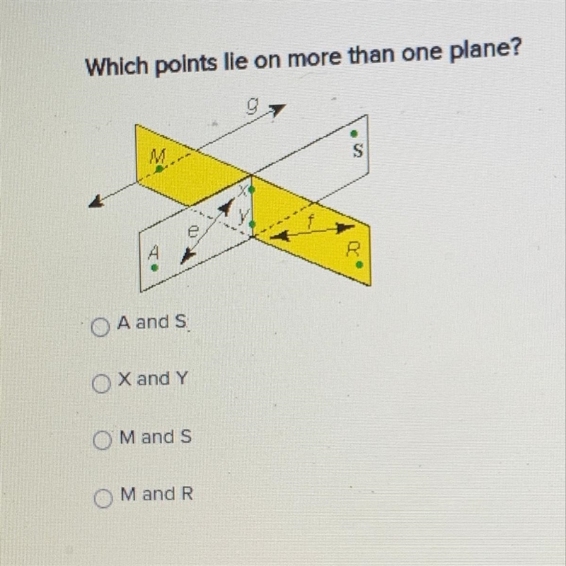 Which points lie on more than one plane? O A ands X and Y O Mands M and R-example-1