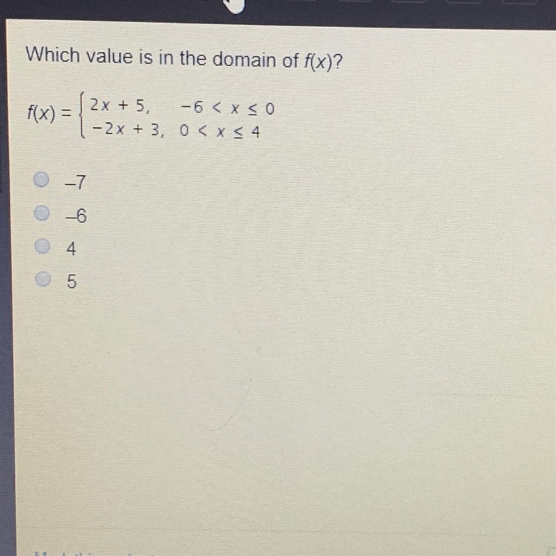 Which value is in the domain of f(x)? A. -7 B. -6 C. 4 D. 5-example-1