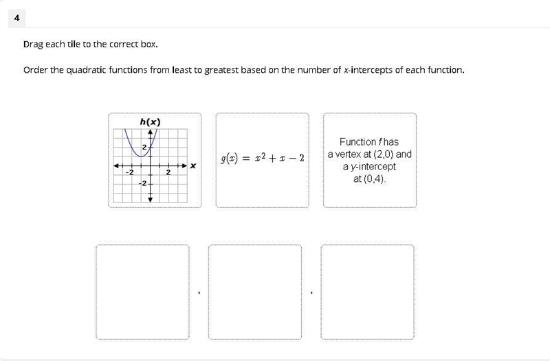 Drag each tile to the correct box. Order the quadratic functions from least to greatest-example-1