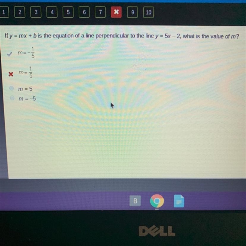 If y = mx + b is the equation of a line perpendicular to the line y = 5x – 2, what-example-1