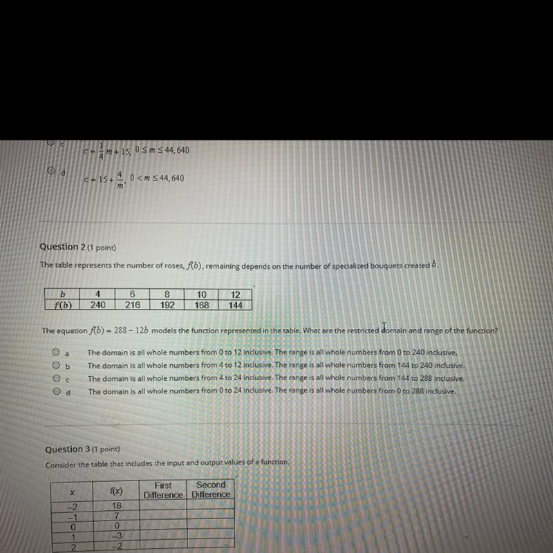 The equation f(b)=288-12b models the function represented im the table. What are the-example-1