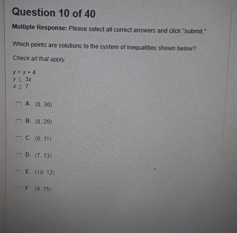 Which points are solutions to the system of inequalities shown below? Check all that-example-1