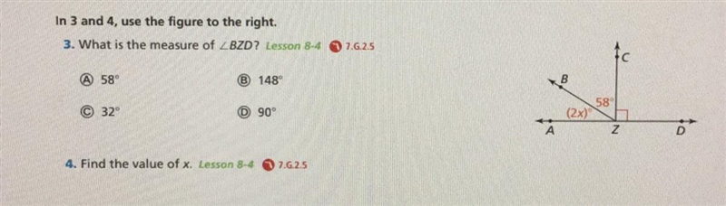 In 3 and 4, use the figure to the right. 3. What is the measure of ZBZD? Lesson 84 7.6.2.5 A-example-1
