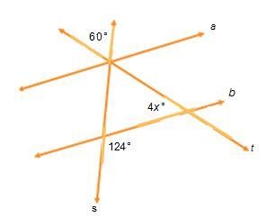 Lines a and b are parallel. What is the value of x? 1) 15 2) 16 3) 56 4) 64-example-1