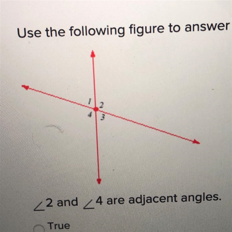 Use the following figure to answer the question. ∠ 2 and ∠ 4 are adjacent angles. True-example-1