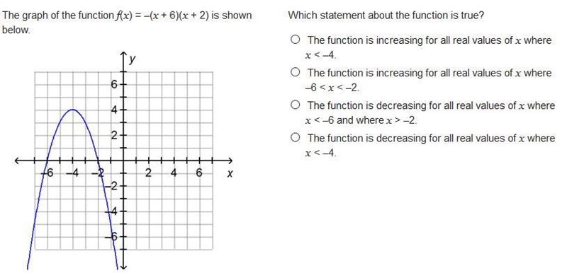 PLZZ HELP ASAP The graph of the function f(x) = –(x + 6)(x + 2) is shown below. Which-example-1