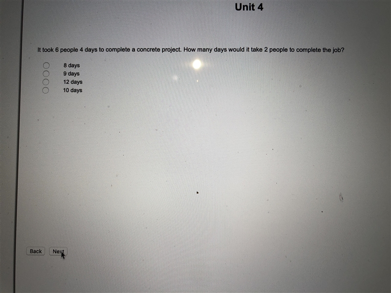 It took 6 people 4 days to complete a concrete project. How many days will it take-example-1