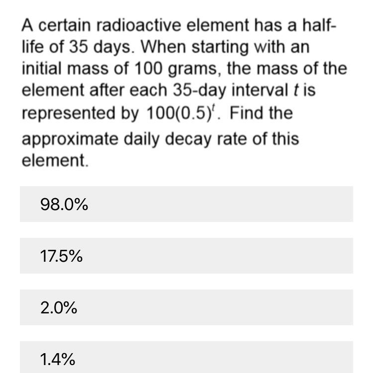 Please help me the answer are 98% 17.5% 2.0% 1.4%-example-1