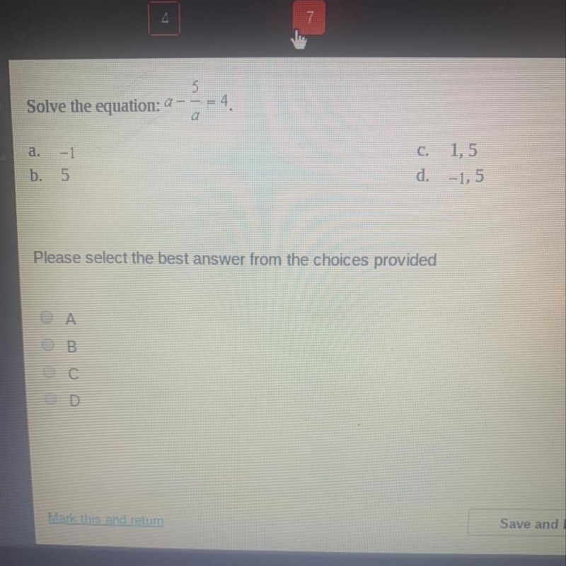 Solve the equation a-5/a=4-example-1